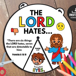 The Lord hate Coloring Wheel, Printable Bible Activity, Kids Bible Lesson, Memory Game, Sunday School, Sunday School Craft, Coloring Spinner