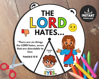 The Lord hate Coloring Wheel, Printable Bible Activity, Kids Bible Lesson, Memory Game, Sunday School, Sunday School Craft, Coloring Spinner