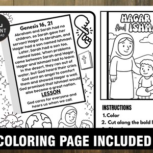 Pode incluir: P&aacute;gina para colorir em preto e branco com o texto "G&eacute;nesis 16, 21" e "Agar e Ismael". A p&aacute;gina inclui ilustra&ccedil;&otilde;es de cenas b&iacute;blicas e instru&ccedil;&otilde;es para colorir e recortar. As palavras "Download instant&acirc;neo" e "P&aacute;gina para colorir inclu&iacute;da" tamb&eacute;m s&atilde;o vis&iacute;veis.