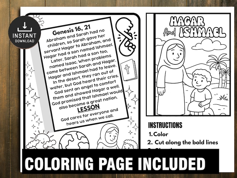 Pode incluir: P&aacute;gina para colorir em preto e branco com o texto "G&eacute;nesis 16, 21" e "Agar e Ismael". A p&aacute;gina inclui ilustra&ccedil;&otilde;es de cenas b&iacute;blicas e instru&ccedil;&otilde;es para colorir e recortar. As palavras "Download instant&acirc;neo" e "P&aacute;gina para colorir inclu&iacute;da" tamb&eacute;m s&atilde;o vis&iacute;veis.