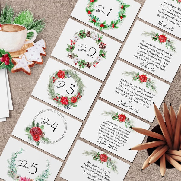 25 Advent Scripture Cards Calendar, Christmas Countdown, Christmas Story, Watercolor, Floral, Nativity Advent Calendar, DIGITAL DOWNLOAD