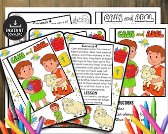 May include: A set of printable Bible story pages for children, featuring illustrations of Cain and Abel. The pages include colorful drawings of the characters, a lamb, and baskets of fruit. The text "CAIN and ABEL" is prominently displayed.