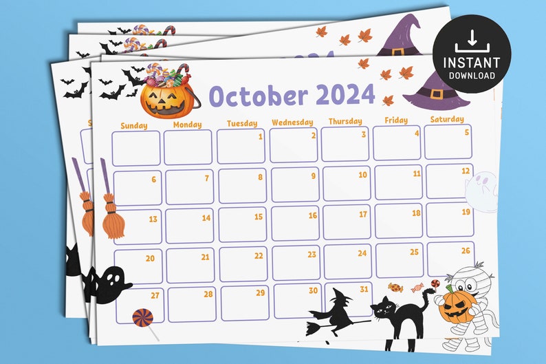 May include: A printable October 2024 calendar with a Halloween theme. The calendar features images of pumpkins, bats, ghosts, witches, and sweets.