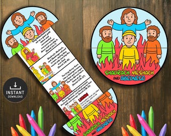 May include: A vibrant children's educational craft depicting scenes from the Book of Daniel. The design includes a circular element with the text "Shadrach, Meshach, and Abednego" and a strip with sequential story panels and related text.