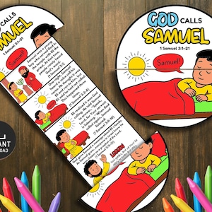 May include: A colorful children's educational puzzle with the text "God Calls Samuel" and illustrations. The puzzle features a circular design and a long, curved piece with sequential images and text. A set of crayons is at the bottom.