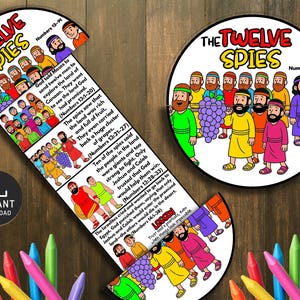 Puede incluir: Un juego educativo colorido con el texto "The Twelve Spies" y "Numbers 13-14". El juego presenta ilustraciones de personas, uvas y texto que describe una historia bíblica. Las palabras "Descarga instantánea" también son visibles.