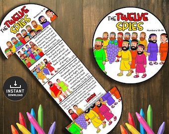 May include: A colorful educational game with the text "The Twelve Spies" and "Numbers 13-14". The game features illustrations of people, grapes, and text describing a biblical story. The words "Instant Download" are also visible.