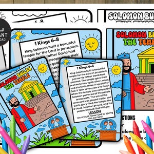 Könnte beinhalten: Ein druckbares Malvorlagen-Set mit dem Text "Solomon Builds The Temple" und "Sofort-Download" auf weißem Hintergrund. Das Set enthält Illustrationen von König Salomon, einem Tempel und Text aus 1. Könige 6-8. Buntstifte sind im Vordergrund.