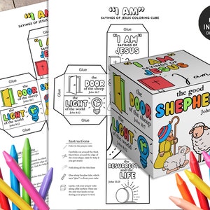 May include: A printable colouring cube with six panels featuring different sayings of Jesus. Each panel includes a colourful illustration and a Bible verse. The cube is designed to be folded and glued together.