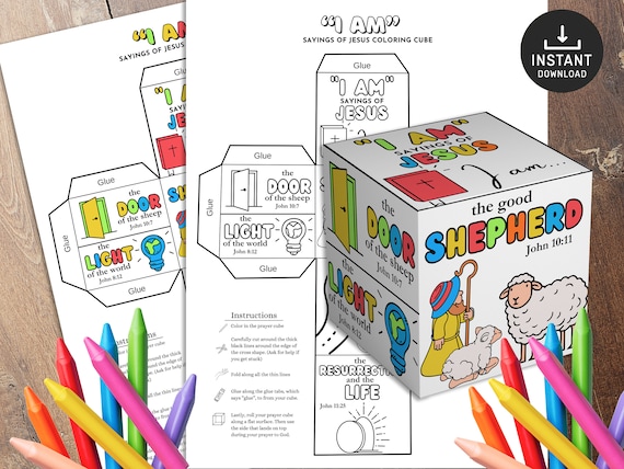 I Am Statements of Jesus Coloring Cube, Printable Bible Activity, Watercolor, Kids Bible Lesson, Memory Game, Sunday School, coloring wheel