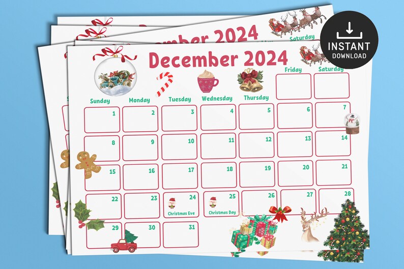 May include: Printable December 2024 calendar with a Christmas theme. The calendar features illustrations of Santa, reindeer, gingerbread men, ornaments, and a Christmas tree. The days of the week are listed across the top, and the numbers 1 through 31 are listed in the boxes below.