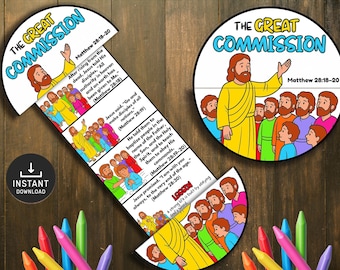 May include: A colorful, illustrated educational resource with the text "The Great Commission" and Bible verses from Matthew 28:18-20. The design features cartoon figures and a circular shape, with a downloadable icon.