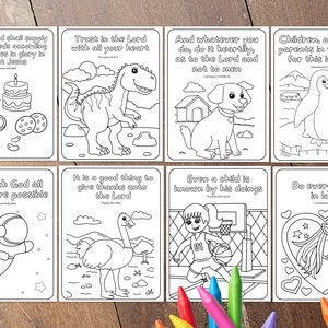 May include: Black and white colouring pages featuring various animals and bible verses. The pages include a dinosaur, a dog, a penguin, an astronaut, an ostrich, a basketball player, and a unicorn.