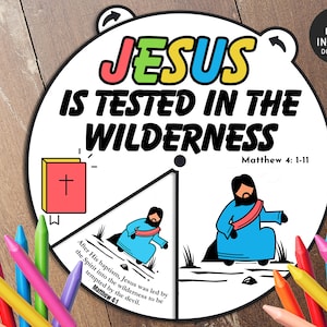 Jesus Is Tempted in the Wilderness Coloring Wheel, Matthew 4:1-11 Bible Coloring Wheel, 40 Days in the Desert, Sunday School, Bible Lesson