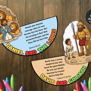 May include: Two circular paper cutouts featuring biblical stories. One shows Daniel in a lions' den with text about Daniel and the Lions. The other shows David and Goliath with text about David and Goliath. Both feature colourful cartoon illustrations.