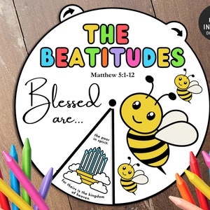 Beatitudes Coloring Wheel, Printable Bible Verse Activity, Watercolor, Kids Bible Lesson, Memory Game, Sunday School
