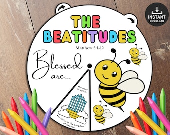 Beatitudes Coloring Wheel, Printable Bible Verse Activity, Watercolor, Kids Bible Lesson, Memory Game, Sunday School