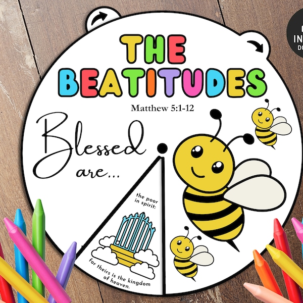 Beatitudes Coloring Wheel, Printable Bible Verse Activity, Watercolor, Kids Bible Lesson, Memory Game, Sunday School