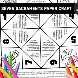 7 sacraments, Bible Verse Activity, Watercolor, Kids Bible Lesson, Memory Game, Sunday school craft, Fortune Teller, Cootie Catcher