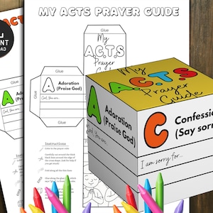 以下が含まれることがあります： 「My ACTS Prayer Guide」の印刷可能なガイド。説明書と3Dキューブモデルが付属しています。 キューブには、祈りの各ステップを表す文字A、C、T、Sが表示されています。 ガイドには、色鉛筆とダウンロードアイコンが含まれています。