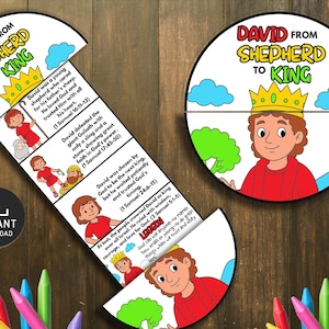 May include: A colorful children's educational printable with the text "David from Shepherd to King." The design features illustrations of David and Bible verses. Includes the words "Instant Download" and is surrounded by crayons.