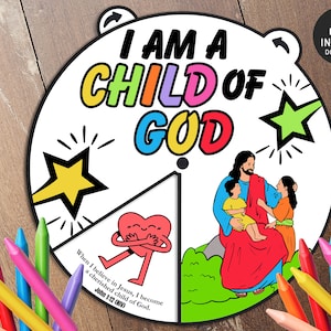 Ruota da colorare Sono un figlio di Dio, Attività biblica, Lezione biblica per bambini, Gioco di memoria, Scuola domenicale, Spinner da colorare, Ruota delle storie della Bibbia