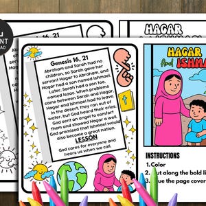 Pode incluir: P&aacute;ginas para colorir com ilustra&ccedil;&otilde;es b&iacute;blicas de Agar e Ismael, com texto de G&ecirc;nesis 16:21. As p&aacute;ginas incluem instru&ccedil;&otilde;es para colorir e recortar, com um sol, a terra e l&aacute;pis de cor vis&iacute;veis.