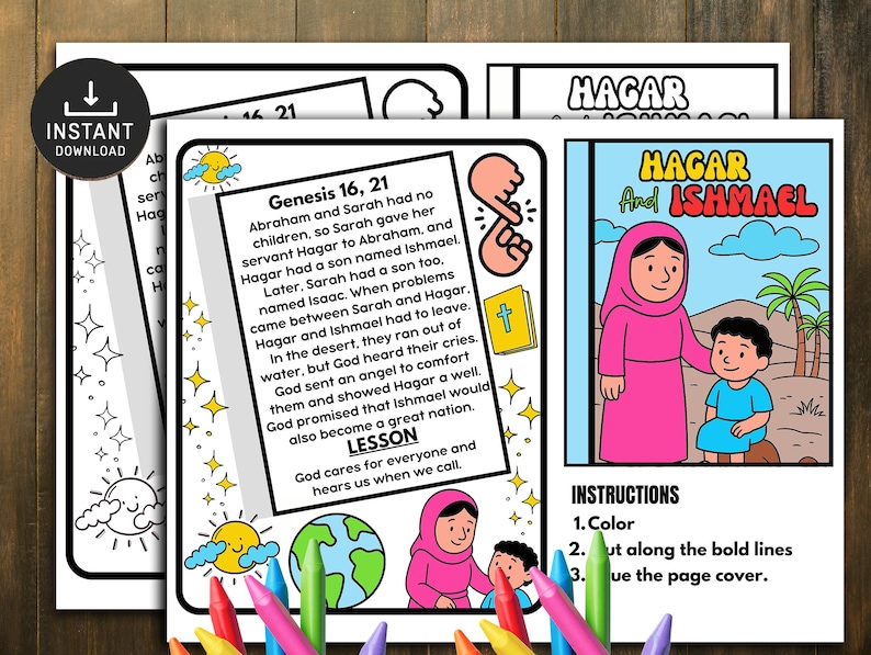 Pode incluir: P&aacute;ginas para colorir com ilustra&ccedil;&otilde;es b&iacute;blicas de Agar e Ismael, com texto de G&ecirc;nesis 16:21. As p&aacute;ginas incluem instru&ccedil;&otilde;es para colorir e recortar, com um sol, a terra e l&aacute;pis de cor vis&iacute;veis.