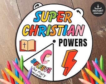 May include: A white circular printable activity with the text "SUPER CHRISTIAN POWERS" in colorful letters. The activity is divided into four sections with illustrations of a book, a lightning bolt, a woman praying, and the text "BELIEVE like Mary Luke 1:38 (NIV)".