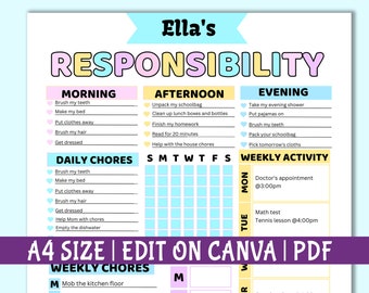 Editable Responsibility Chore Chart for Kids | Printable | Kids Daily Weekly Schedule | Kids Chore List | Kids Daily Routine Checklist Canva