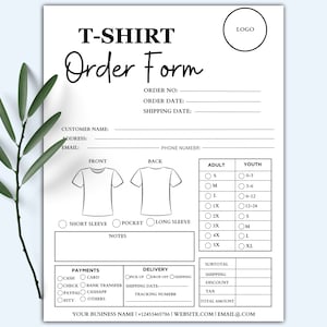 Puede incluir: Formulario de pedido de camiseta imprimible en blanco y negro con secciones para la información del cliente, los detalles del pedido, las tallas, los métodos de pago, las opciones de entrega y las notas. El formulario incluye un espacio reservado para el logotipo y espacio para la información de su negocio.