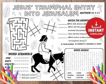 Puede incluir: Una página para colorear imprimible en blanco y negro con un laberinto, una búsqueda de palabras y una sopa de letras. La imagen representa a Jesús montando un burro con ramas de palma. El texto en la página dice "Jesus' Triumphal Entry into Jerusalem Matthew 21:1-11".