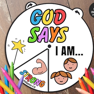 God Says I Am Coloring Wheel, Printable Bible Activity, Kids Bible Lesson, Memory Game, Sunday School, Sunday School Craft, Coloring Spinner