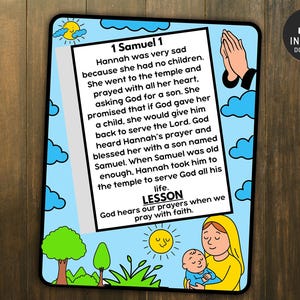 Peut inclure: Une carte illustr&eacute;e color&eacute;e avec le texte "1 Samuel 1" et un r&eacute;sum&eacute; de l'histoire biblique. La carte pr&eacute;sente des images de mains en pri&egrave;re, d'une m&egrave;re tenant un b&eacute;b&eacute; et d'un soleil. La le&ccedil;on est "Dieu entend nos pri&egrave;res quand nous prions avec foi."