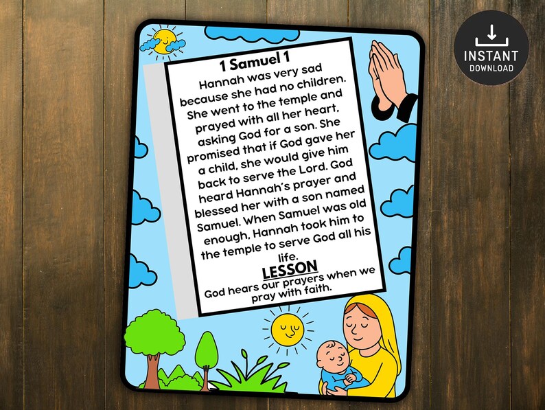 Peut inclure: Une carte illustr&eacute;e color&eacute;e avec le texte "1 Samuel 1" et un r&eacute;sum&eacute; de l'histoire biblique. La carte pr&eacute;sente des images de mains en pri&egrave;re, d'une m&egrave;re tenant un b&eacute;b&eacute; et d'un soleil. La le&ccedil;on est "Dieu entend nos pri&egrave;res quand nous prions avec foi."