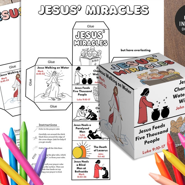Jesus Miracles Coloring Cube, Printable Bible Verse Activity, Kids Bible Lesson, Memory Game, Sunday School craft, Miracles of Jesus