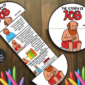Peut inclure: Un kit d'artisanat éducatif pour enfants avec un design circulaire et le texte "The Story of Job". Le kit comprend une bande déroulante avec des panneaux d'histoire séquentiels et une icône de téléchargement.