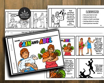 May include: A black and white comic book style illustration of the biblical story of Cain and Abel. The story is told in six panels. The first panel shows Cain and Abel bringing gifts to God. The second panel shows God accepting Abel's gift but rejecting Cain's. The third panel shows Cain being punished by God. The fourth panel shows Cain being jealous of Abel. The fifth panel shows Cain warning Abel to do what is right. The sixth panel shows Cain killing Abel.
