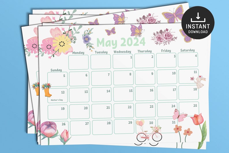 May include: A printable calendar for May 2024 with a floral theme. The calendar features butterflies, flowers, and other spring-themed illustrations. The calendar is designed for personal use and includes space for writing appointments and events.