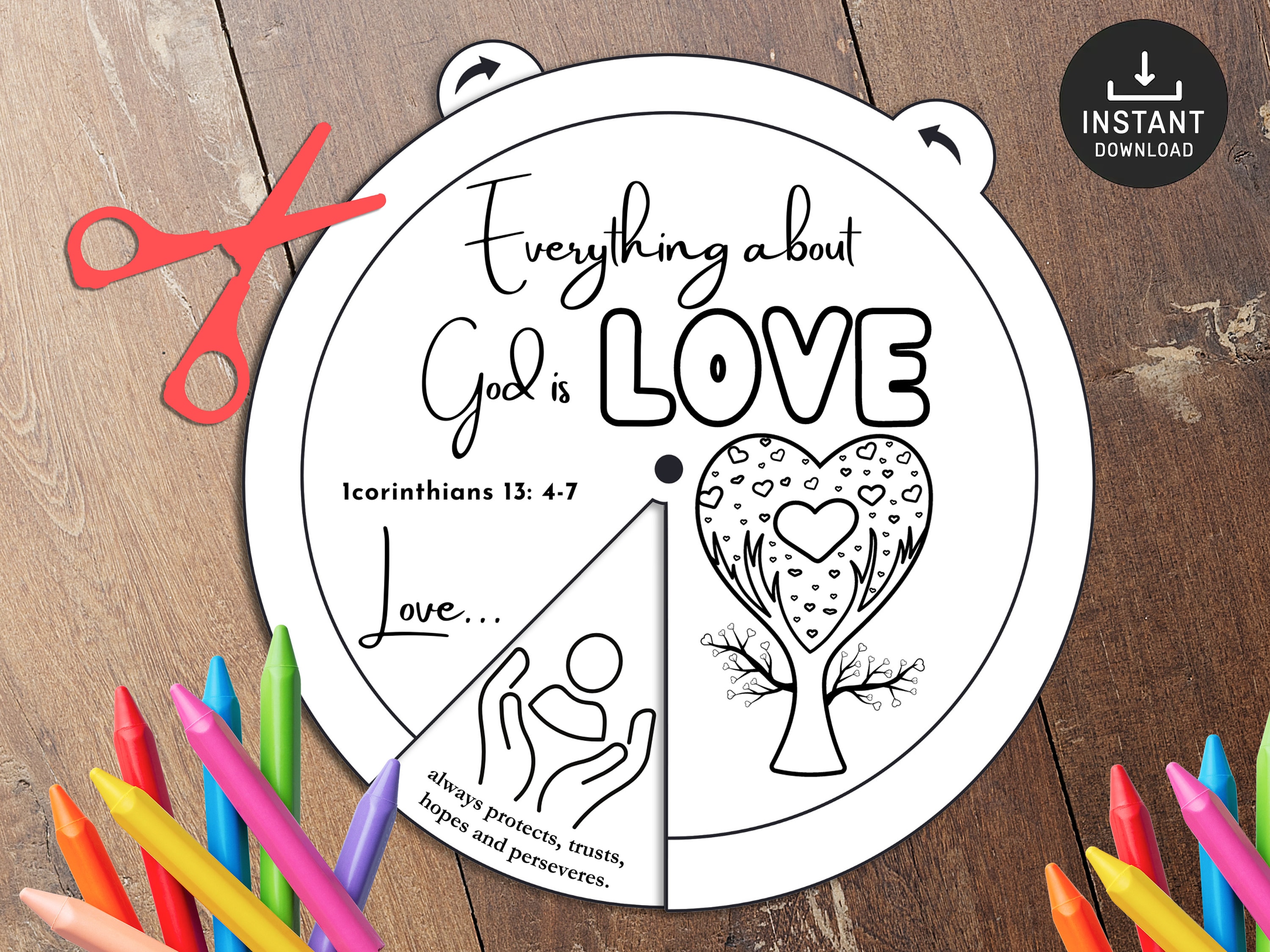 God is love Coloring wheel for Preschoolers, Bible Activity, 1 Cor 13, love, Bible Lesson, Memory Game, Sunday School, Coloring wheel