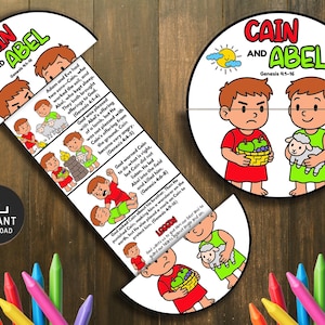 May include: A children's educational toy depicting the story of Cain and Abel. The design includes illustrations of the characters, text from Genesis, and a sun. The toy is designed to be interactive and engaging for young learners.