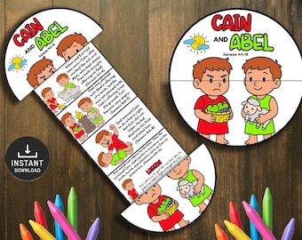 May include: A colorful children's educational toy featuring the story of Cain and Abel. The design includes illustrations of the characters, text from Genesis, and a sun. The toy is designed to be interactive and engaging for young learners.