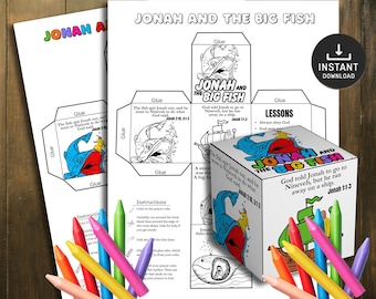 May include: A printable craft kit titled "Jonah and the Big Fish" with colorful illustrations and text. The kit includes instructions, a cube-shaped model, and coloring pages. Crayons in various colors are scattered around the kit.