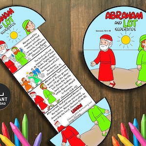 以下が含まれることがあります： 創世記13:1-18からのイラストとテキストを使用した、「アブラハムとロトの分離」というタイトルのカラフルな教育用プリント。デザインには漫画のキャラクター、太陽、テキストが含まれています。画像にはダウンロードアイコンとクレヨンのコレクションも含まれています。