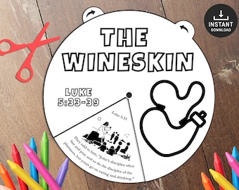Könnte beinhalten: Schwarz-weiß druckbare Malvorlage mit dem Titel "The Wineskin" und dem Bibelvers Lukas 5,33-39. Die Seite zeigt eine Zeichnung einer Weinschläuche und eine Szene aus der Bibel.