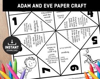 Adam and Eve Fortune Teller, Bible Story Activity, Sunday school craft, Printable paper craft,  Cootie Catcher, Memory game, Bible lesson