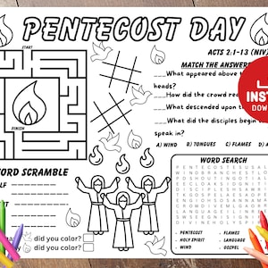 Pentecost Activity Placemat, Acts 2 Bible Lesson, Kid Pentecost Lesson, Pentecost, Holy Spirit Comes, Sunday School, Holy Spirit Lesson
