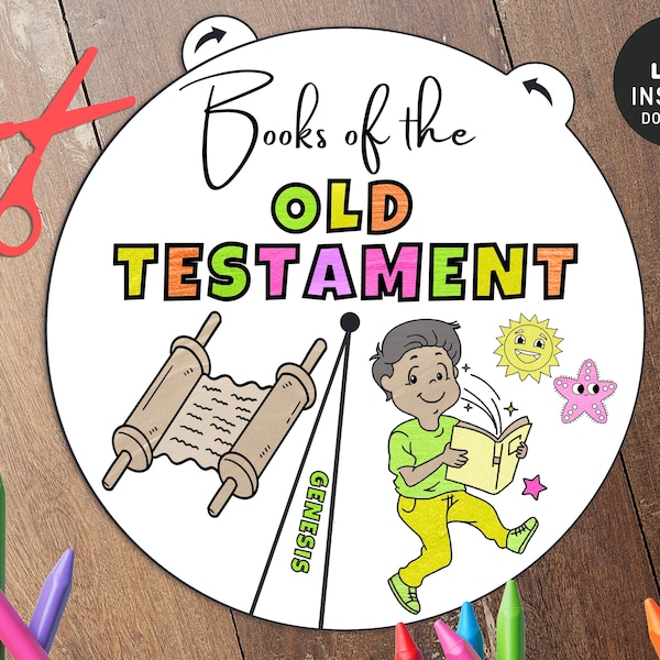 Books of the Bible, Old Testament Coloring Wheel, Printable Bible Activity, Watercolor, Kids Bible Lesson, Memory Game, Sunday School