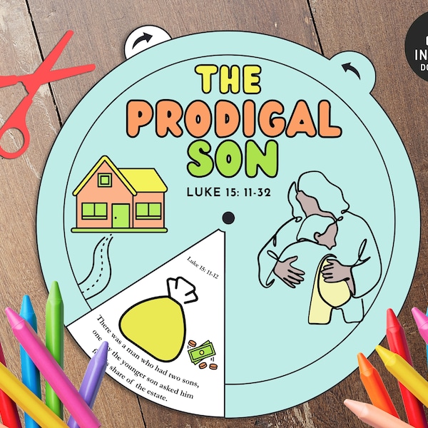 The prodigal son Coloring Wheel, Printable Bible Activity, Kids Bible Lesson, Sunday School, memory game