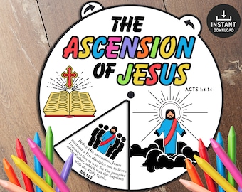 May include: A colorful wheel with the words "The Ascension of Jesus" in a rainbow font. The wheel is divided into four sections, each with a different image. The top section shows an open book with a cross on top. The right section shows Jesus ascending to heaven with a halo and a red sash. The bottom section shows a group of people with a red sash. The left section has text about Jesus' ascension. The text includes the Bible verses Acts 1:4-5 and Acts 1:4-14.